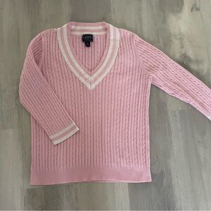 Chaps 🌸Pink 🌸 Classic v neck cable knit sweater ~L ~ preppy ~ tennis & old money